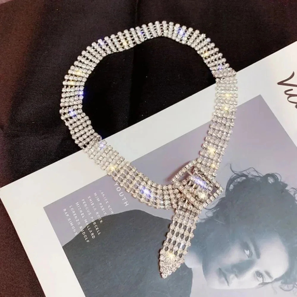 Silver or Gold Crystal Diamond Rhinestone Belt Buckle Choker Necklace